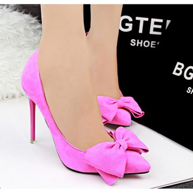 hot pink Женские туфли-лодочки; Брендовая обувь на высоком каблуке; женские туфли на высоком каблуке с острым носком и бантом; Цвет Красный - Цвет: hot pink