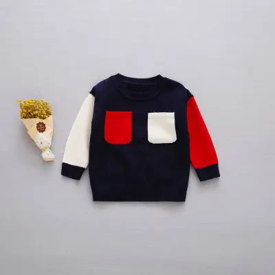 Dark blue Осенняя детская одежда хит цвет дважды карман комплекты Детский свитер детский свитер для мальчиков - Цвет: Dark blue