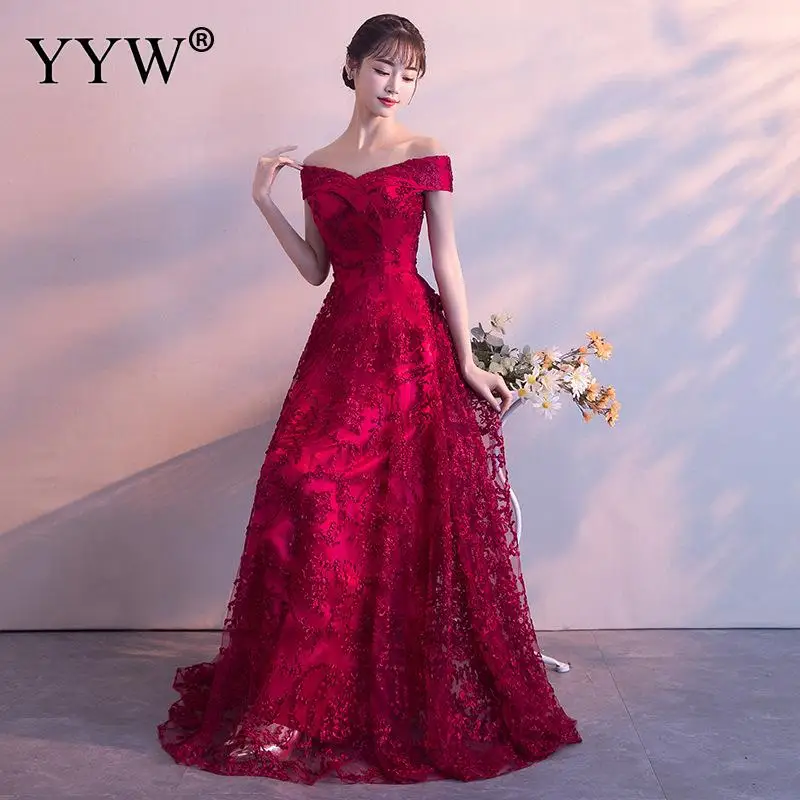 Elegant Red Floral Lace Wedding Bridal Gown Tulle Flowers Party Dresses 2020 Sexy Off Shoulder Formal Dress Fashion Long | Свадьбы и