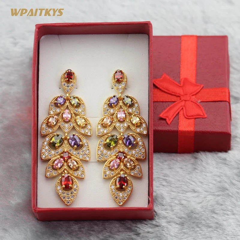 WPAITKYS Long Earrings for Women wedding Multicolor Cubic Zirconia Gold Color Earring Fashion Jewelry Free Gift Box | Украшения и