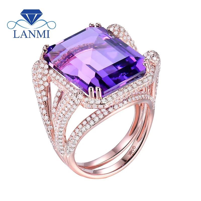 

LANMI Woman Rings New Fashion Jewelry In Solid 14Kt Rose Gold Emerald Cut 15x20mm Amethyst Ring For Women Party Fine Jewelry