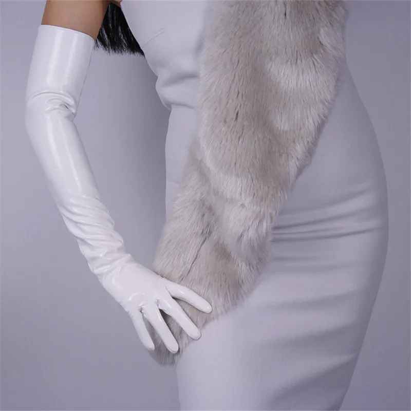

60cm Patent Leather Extra Long Gloves Long Section PU Emulation Leather Mirror Bright White Touch Screen Female Gloves WPU37-60