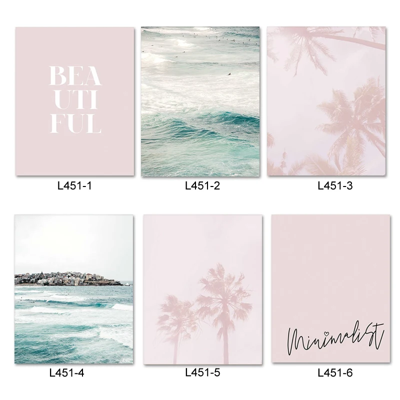 Modern Wall Art Canvas Painting Sea Beach Landscape Pink Palm Trees Minimalist Posters and Prints Pictures for Living Room|Рисование и