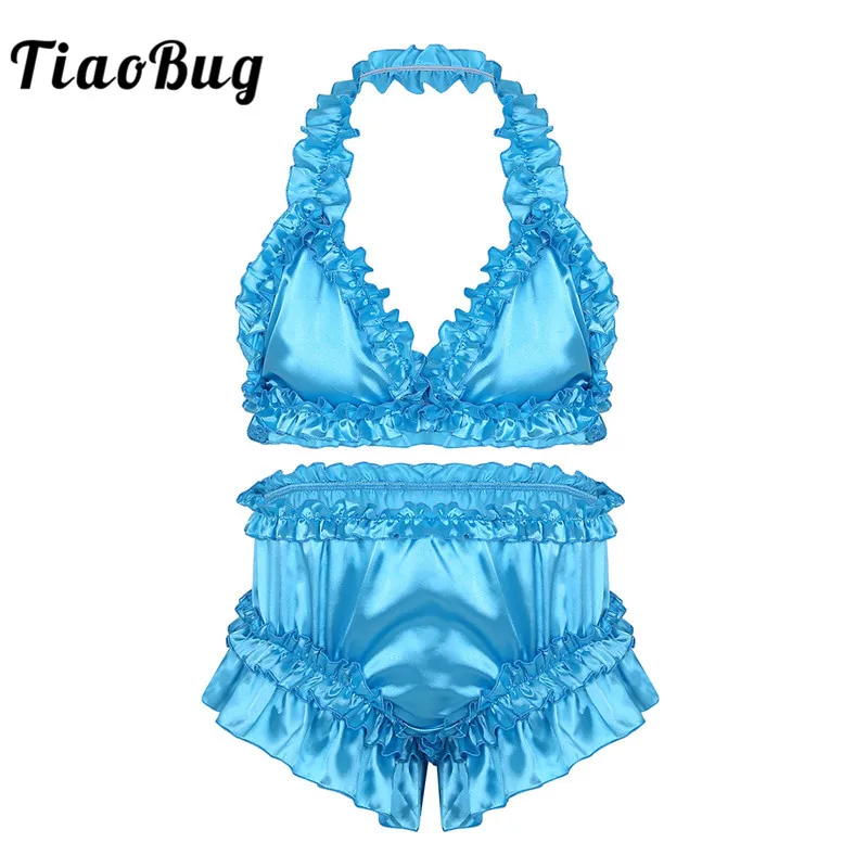 

TiaoBug Мужское нижнее белье SISSY, атласный бюстгальтер с оборками и лямкой на шее, топ с трусами, трусы, хит продаж, сексуальное мужское нижнее бе...