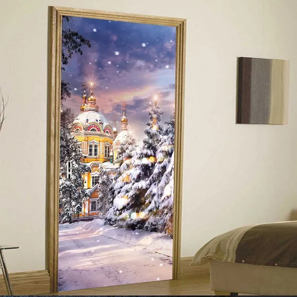 WYTQ1228 77x200 см новогодний Снежный пейзаж двери наклейки для гостиной Рождество Замковая роспись декоративные наклейки ПВХ самоклеющиеся обои - Цвет: WYTQ1228