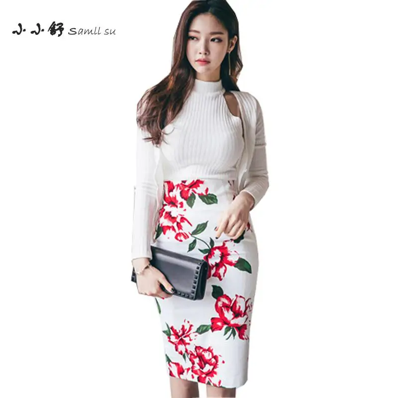 Small Su 2 Pieces Autumn Womens White Knitted Tops Sundress Halter Sexy Party Vintage Bandage Print Pencil Dresses 2017 Vestidos | Женская