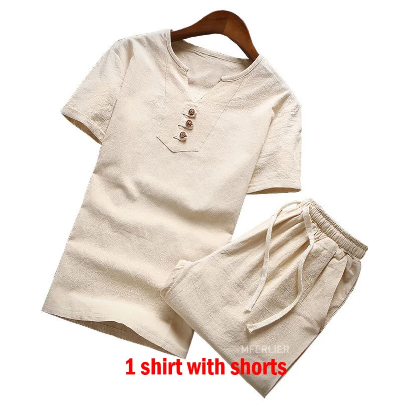Beige with shorts MFERLIER, летняя мужская рубашка, большой размер 5XL 6XL 7XL 8XL 9XL, хлопок, лен, обхват груди 105-155 см, мужская рубашка, 5 цветов - Цвет: Beige with shorts