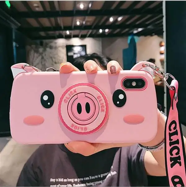 phone bag case Для iphone XS MAX XR 7 8 plus 6 6s plus X чехол-накладка с милым 3d мультяшным поросенком с плечевым ремнем противоударный мягкий силиконовый чехол - Цвет: phone bag case
