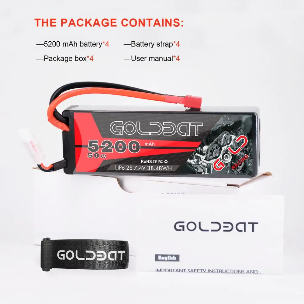 

4units GOLDBAT Lipo Battery for RC 5200mAh 7.4V 50C 2S LiPo Battery with Deans Plug for RC Car Truck Truggy Buggy Tank Helicopt