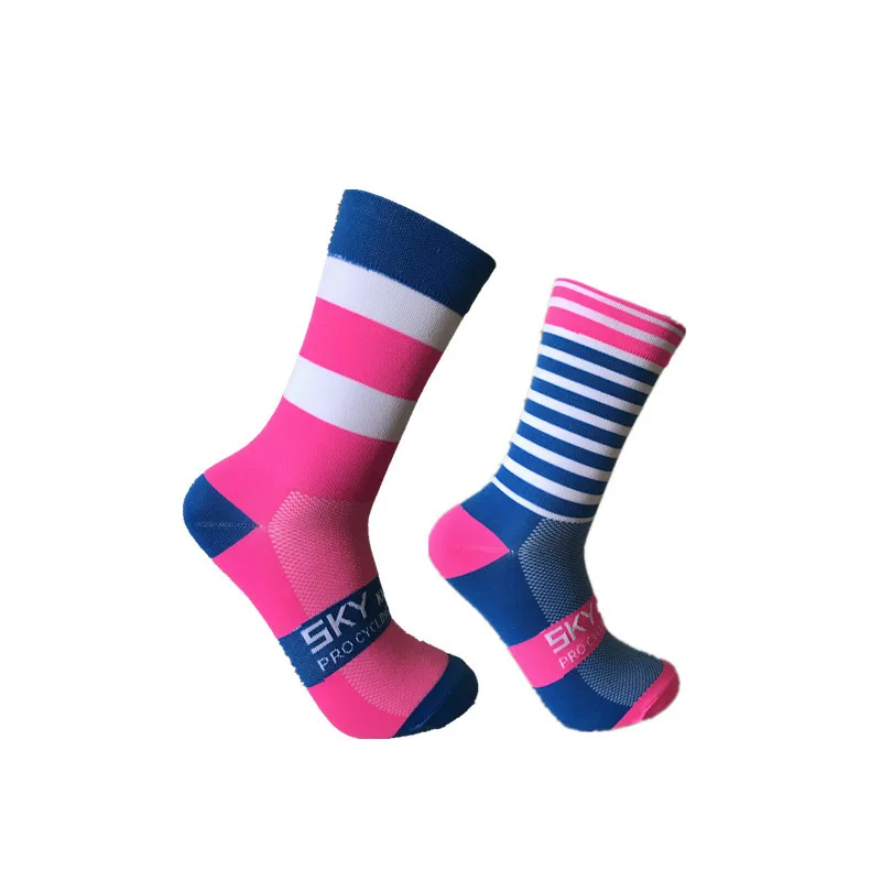 

New Men Women Left Right Feet Striped Sport Socks Outdoor Road Bike Nylon Compression Socks Breathable Wicking Cycling Socks