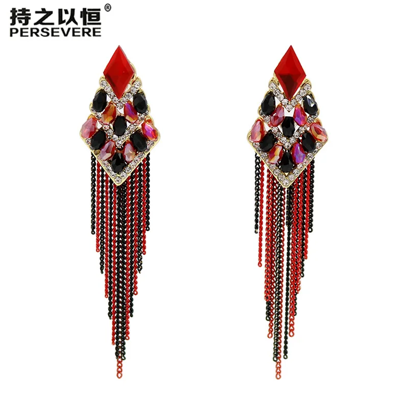 

Hot sale Rhombus Crystal Beaded Metal Chain Short Earrings Tassel For Women black Red blue dark green Handmade Jewelry