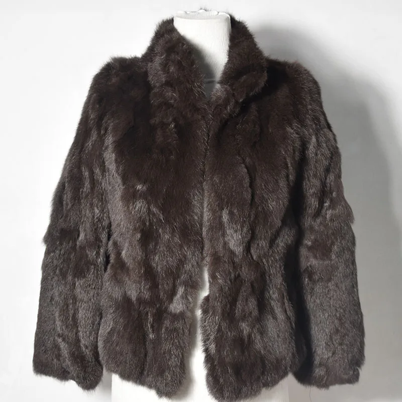Dark brown button Высококачественное пальто из натурального меха, модные меховые пальто из натурального кролика, элегантная женская зимняя верхняя одежда с воротником-стойкой, куртка из кроличьего меха - Цвет: Dark brown button