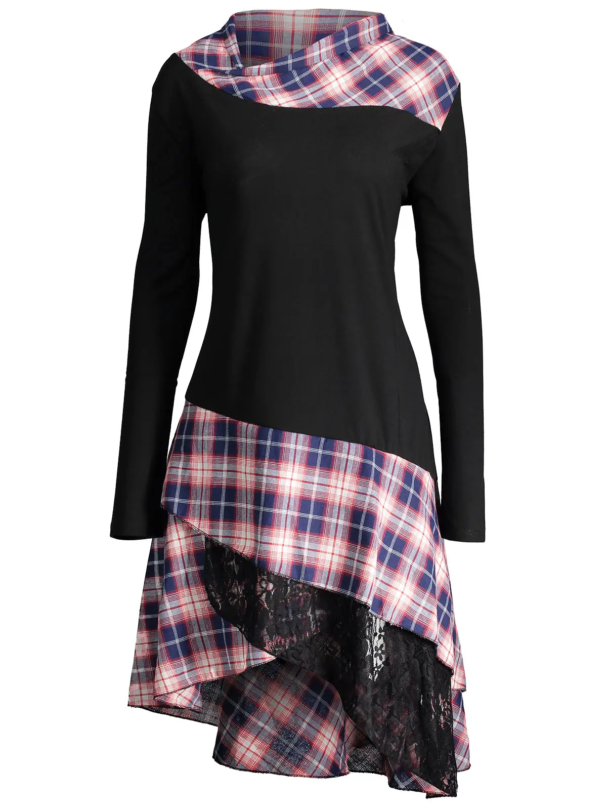 Женская Асимметричная длинная футболка в клетку с длинным рукавом|Футболки| |