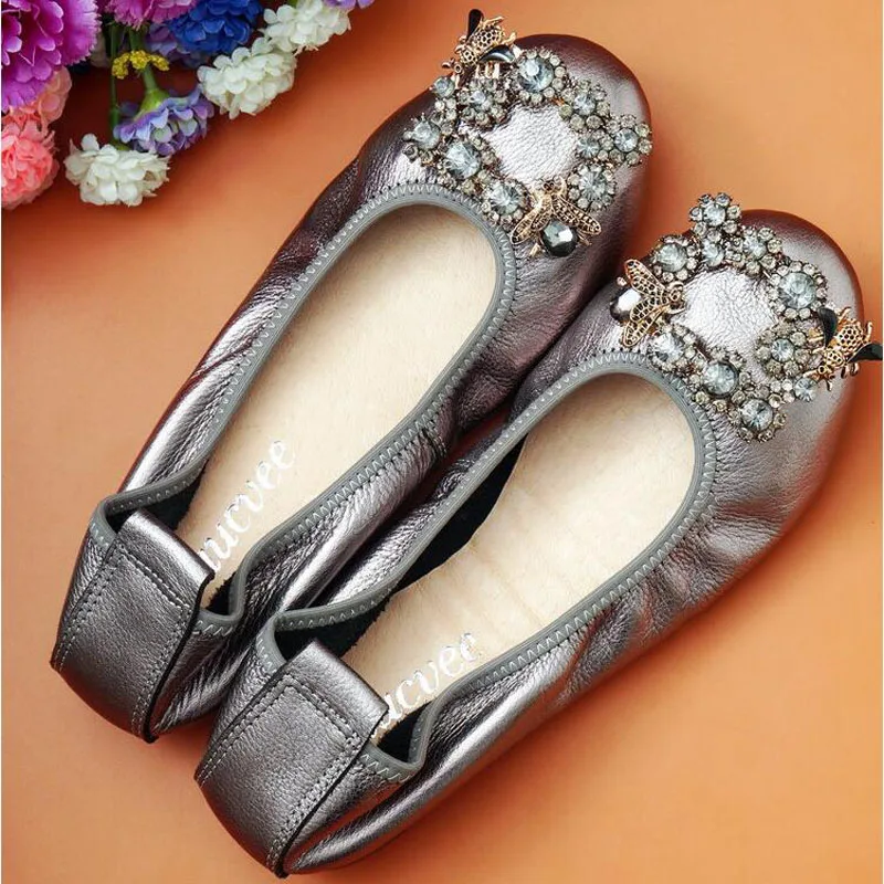 Женские туфли стразы из натуральной кожи балетки удобные повседневные на