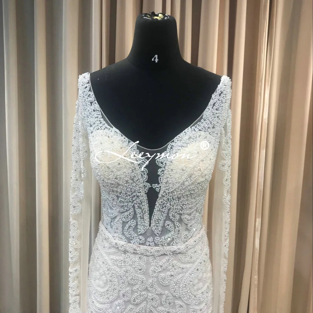 Leeymon Тяжелая бисером полный жемчуг свадебное платье V-образным вырезом с длинными