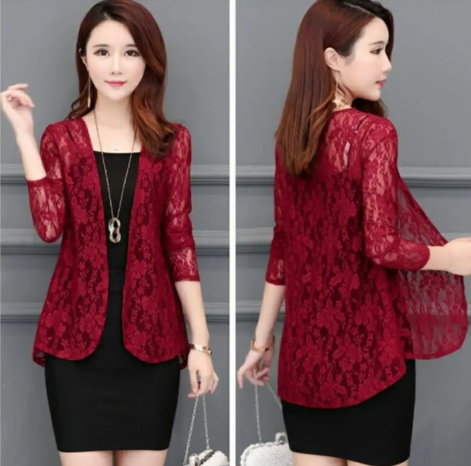 Color as shown Кружевная шаль куртка Летняя короткая блузка для улицы тонкий кардиган длинный рукав Солнцезащитная одежда дикая блузка рубашка - Цвет: Color as shown