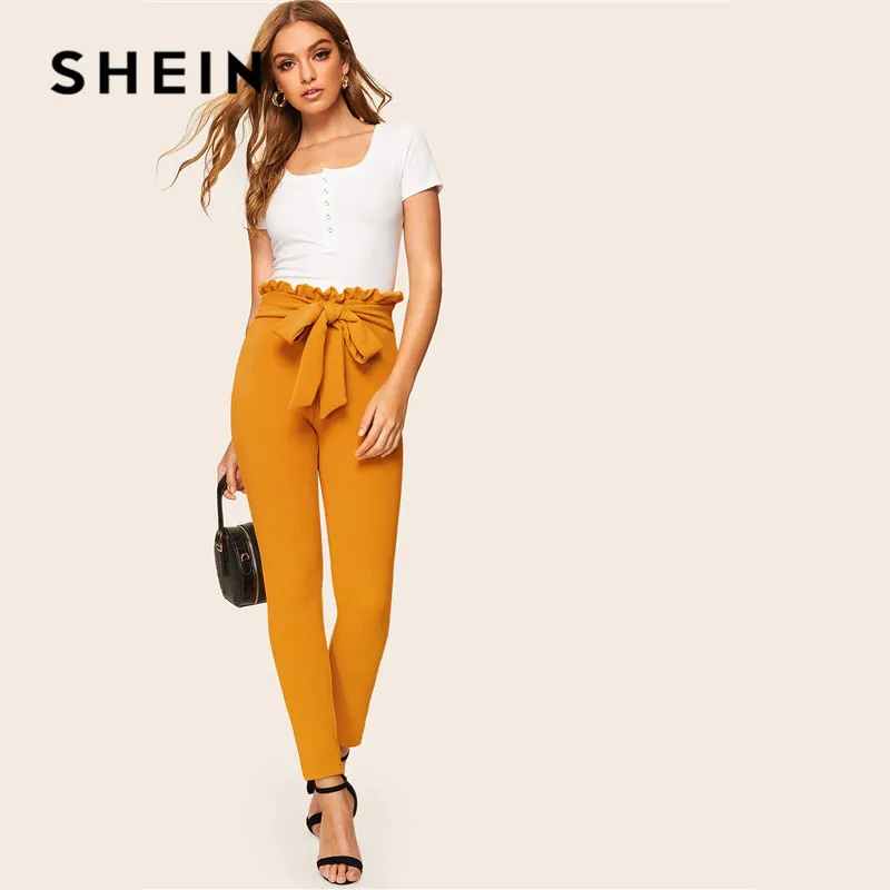 SHEIN элегантные женские брюки с высокой талией и поясом, женские обтягивающие брюки с оборкой и эластичной резинкой на талии, весенне-летние брюки
