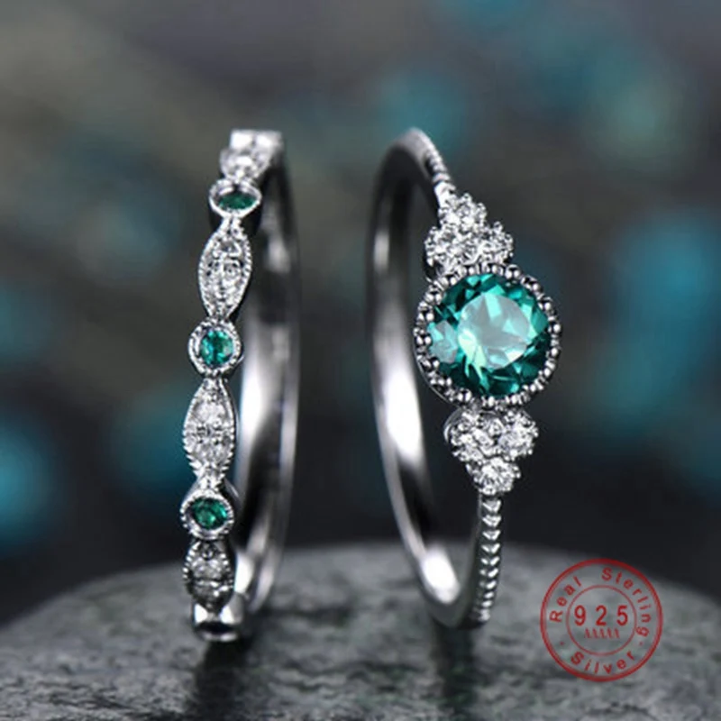 925 Silver Color Women Wedding Ring Set Sparkling Perfect Blue Round Cut Zircon Stone Rings Female Party Engagement Fine Jewelry
