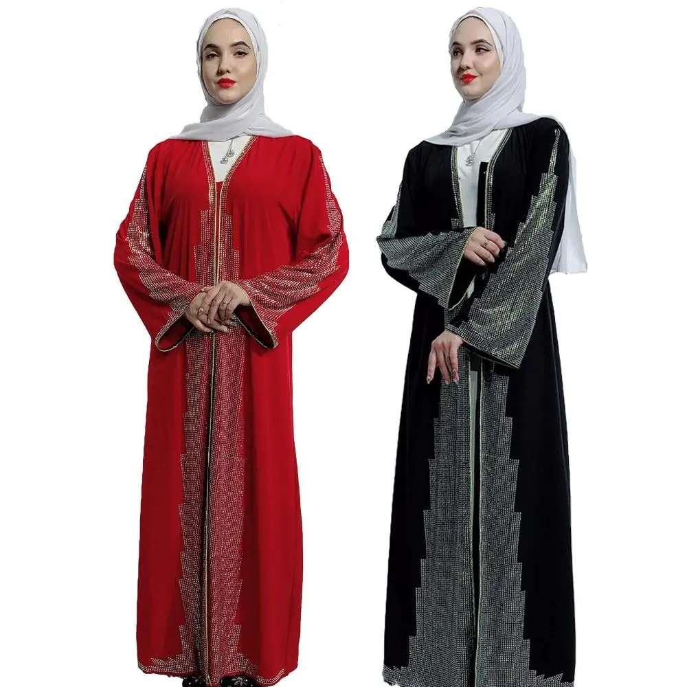 

Luxury Abaya Dubai Long Dress Muslim Women Kimono Kaftan Jilbab Party Open Cardigan Rhinestone Robe Gown Sash Middle East Dress