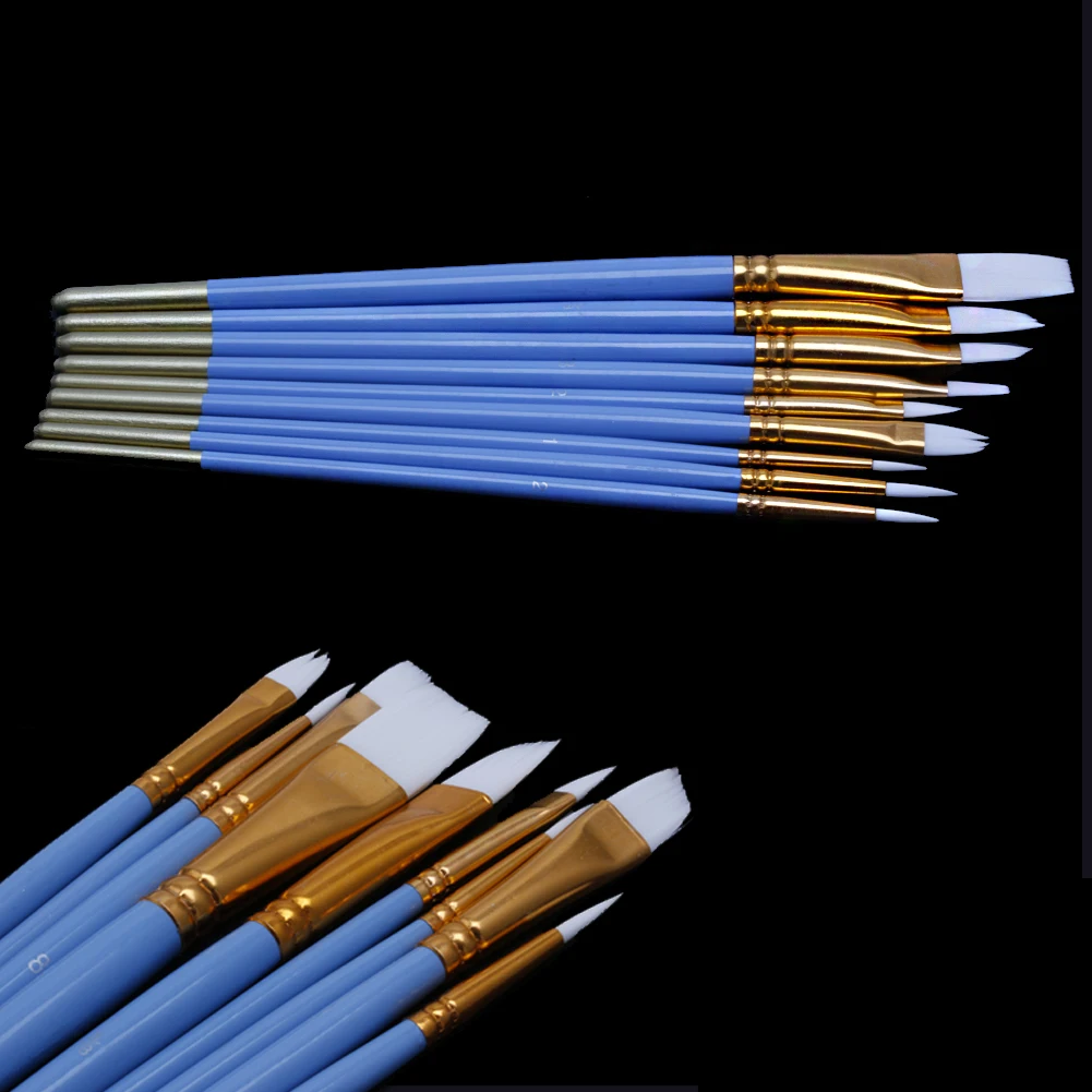 

10Pcs Pencil Brush Set Blue Oil Gouache Watercolor Art Nail Painting Brushes White Nylon Hair