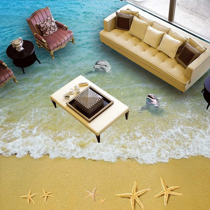 3D Пол Mural песчаный пляж море волны океана Дельфин Водонепроницаемый