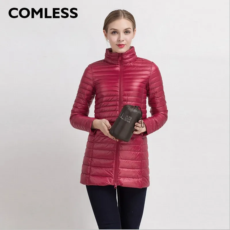 COMLESS размера плюс 4XL, 8 цветов, Женский Повседневный ультралегкий пуховик с 90% пухом, 10% перо, на молнии, Женское зимнее длинное пальто, куртка