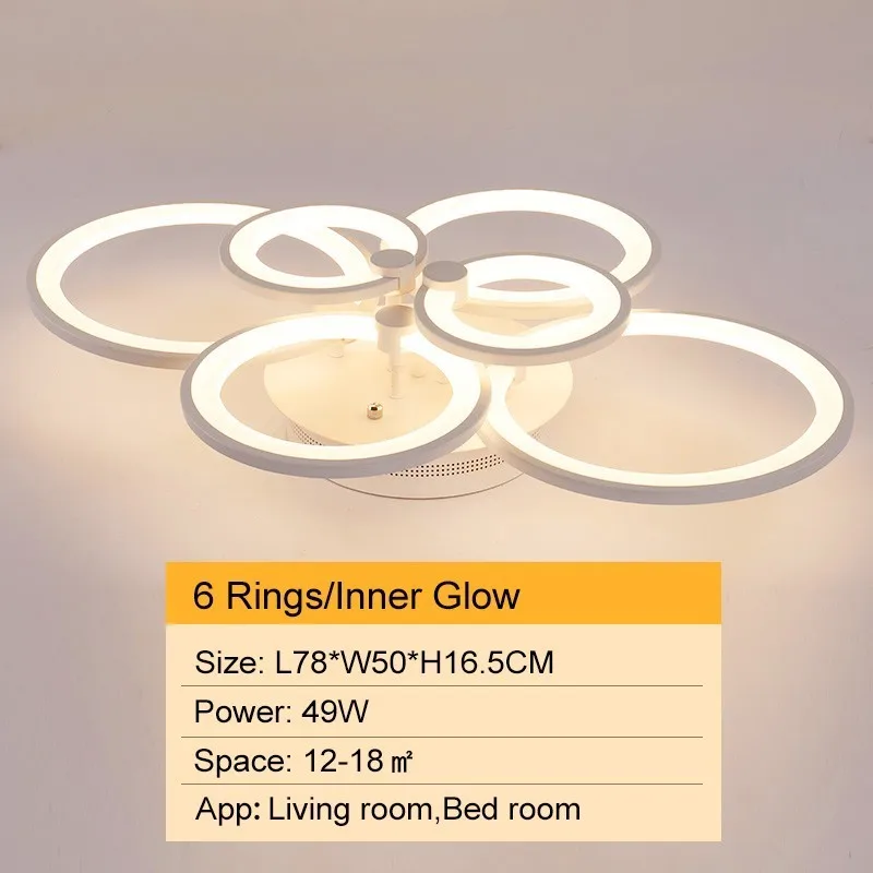 6 Rings Inner Glow Горячая белая/черная светодиодная Люстра для гостиной, спальни, кабинета, пульта дистанционного управления, современная люстра с регулируемой яркостью, Потолочная AC90-260V - Цвет абажура: 6 Rings Inner Glow