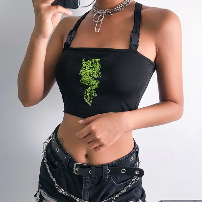 Женские пикантные китайский дракон вышивка кроп Топ Quick Release с пряжкой и