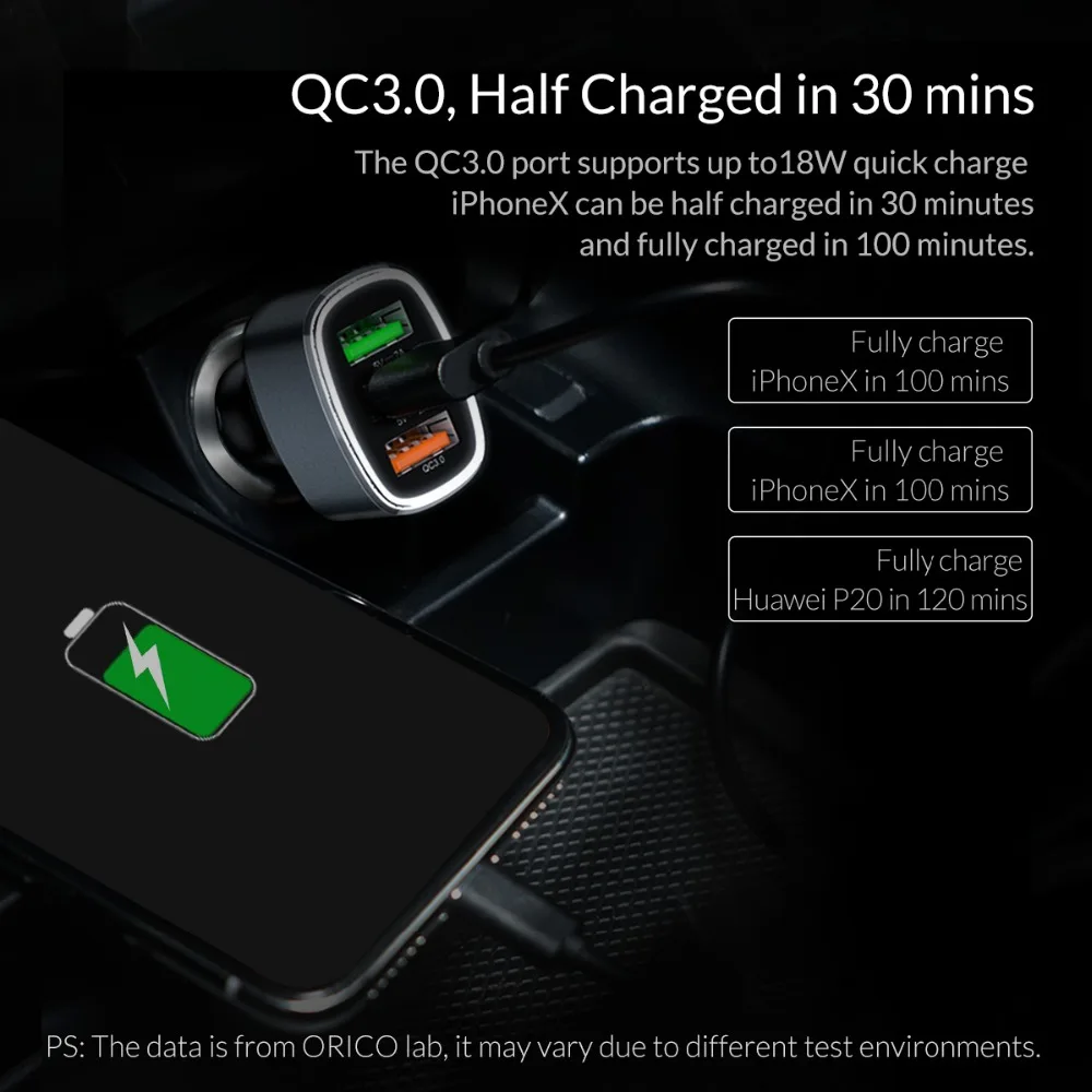ORICO 38 Вт 3 USB быстрая зарядка QC 3,0 Автомобильное зарядное устройство для iPhone быстрое зарядное устройство для мобильного телефона быстрое зарядное устройство автомобильное зарядное устройство для Xiaomi Mi 9