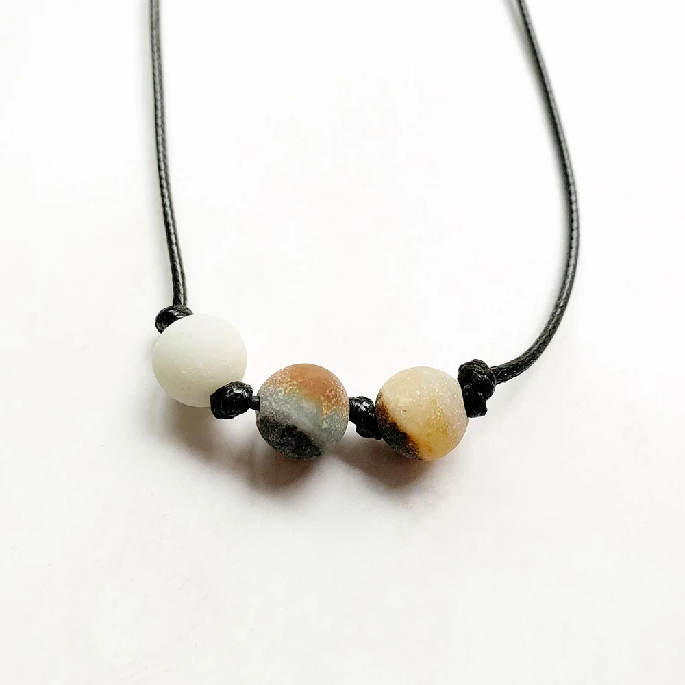

Natural Matte Amazonite Stone Frosted Ball Beads Knot Black Leather Cord Wax Rope Chain Necklace Decor Neck Ornament 1pc