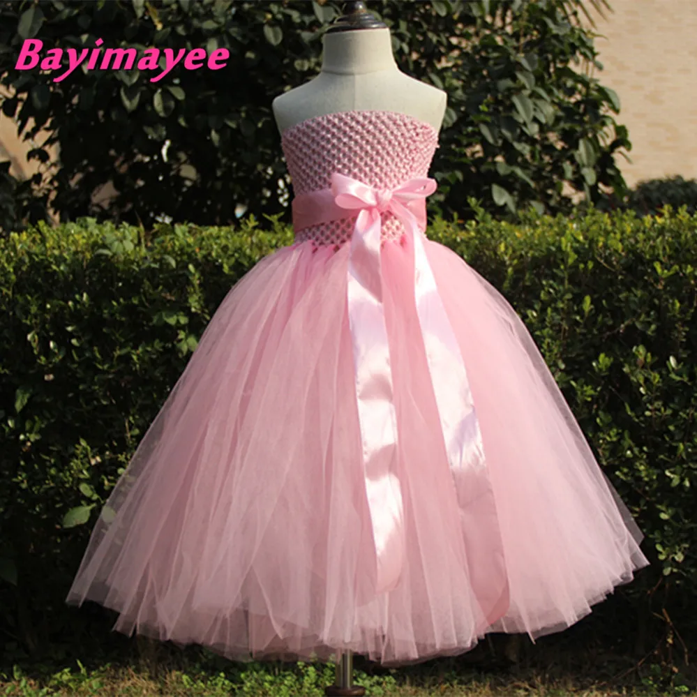 Cute Girls Pink Crochet Long Tutu Dress Kids Fluffy Corset Tulle Tutus Ball Gown with Ribbon Bow Children Wedding Party Dresses | Детская
