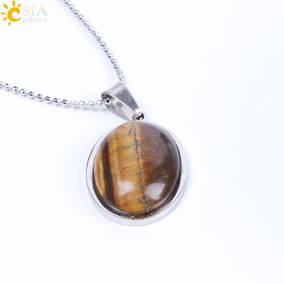 Tiger Eye Chain CSJA натуральный камень бусины в форме яйца Ожерелья Подвески Розовый кварц зеленый авантюрин лазурит тигровый глаз рейки ювелирные изделия F133 - Окраска металла: Tiger Eye Chain