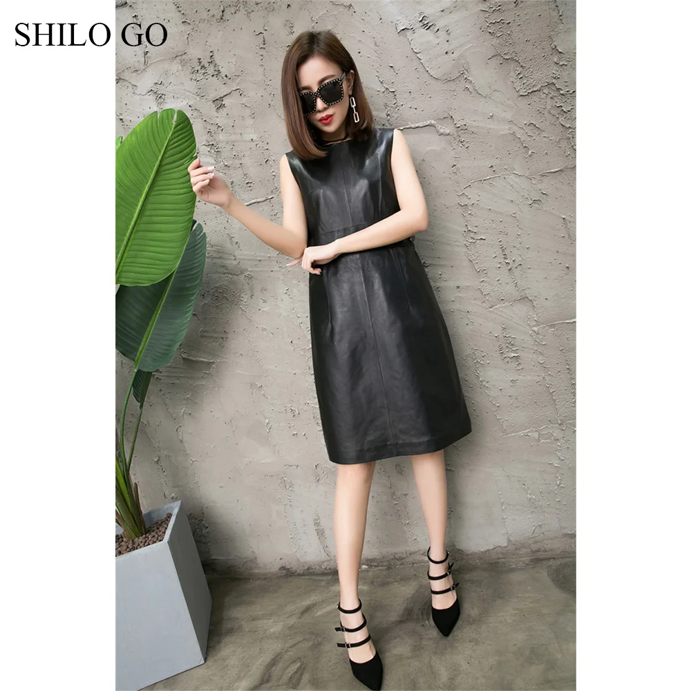 SHILO GO кожаное платье для женщин, летняя мода, овчина, натуральная кожа, платье с круглым вырезом, без рукавов, офисное, для леди, OL, Лаконичное платье