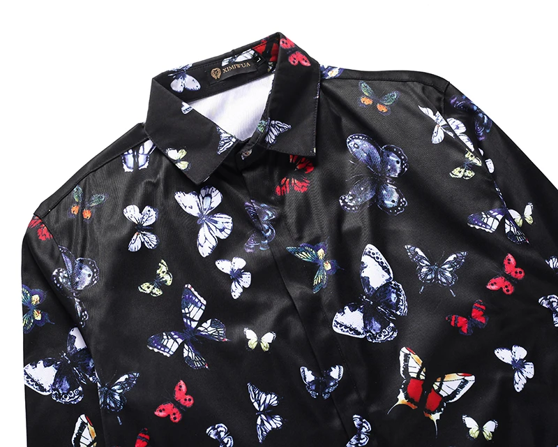New Fashion Mens Shirt Long Sleeve Casual Slim Fit Hawaiian Shirts Beautiful Butterfly Print Covered Button Chemise Homme | Мужская