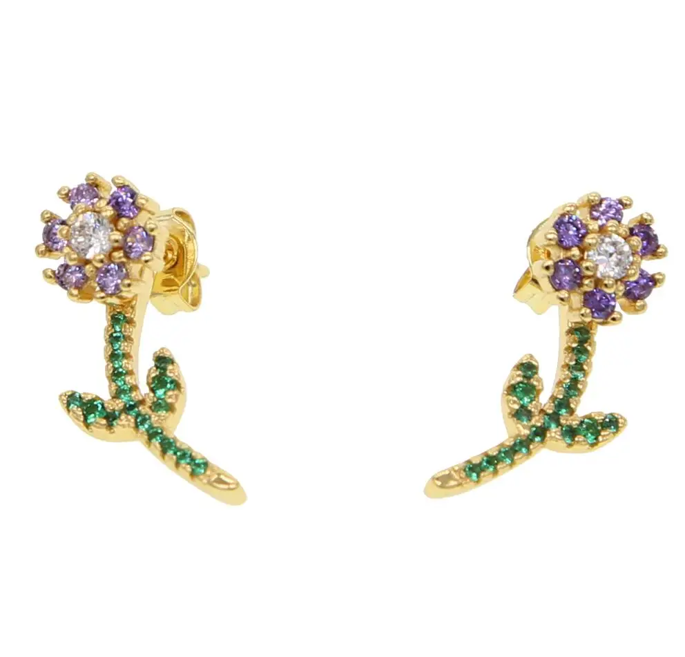 purple Новая мода Brincos Радуга Красочные cz цветок лист Двухсторонние серьги гвоздики для женщин минимальный тонкий элегантные ювелирные изделия - Окраска металла: purple