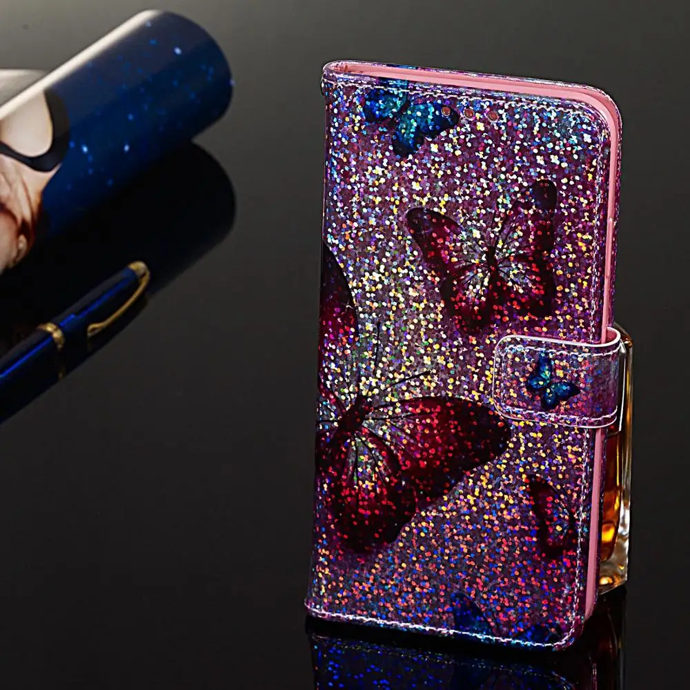 Блестками Bling Бумажник класса люкс 3D печать чехол с флипом кожзам книжка ремешком