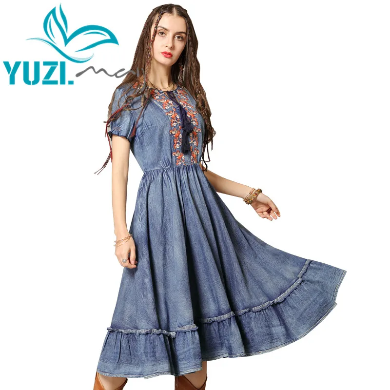 Женское джинсовое платье в стиле бохо Yuzi винтажное с круглым вырезом коротким