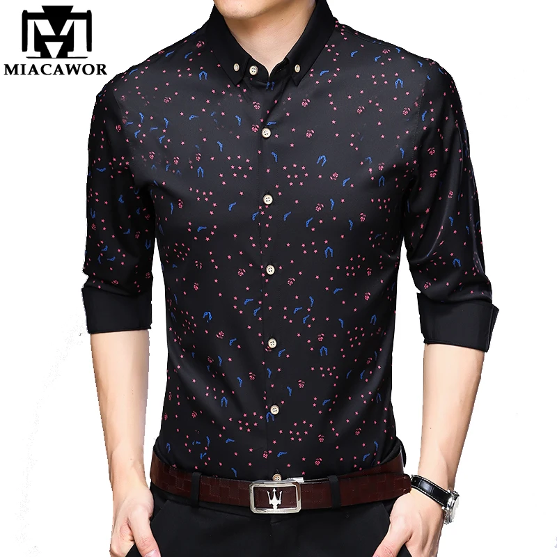 

MIACAWOR New Shirt Men Business Casual Shirt Print Long Sleeve Camisa Masculina Slim Fit Chemise Homme Men Clothing C487