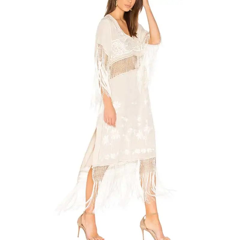 Boho вдохновил Белый бахрома летние платья Вышивка Sexy v-образным вырезом Сплит
