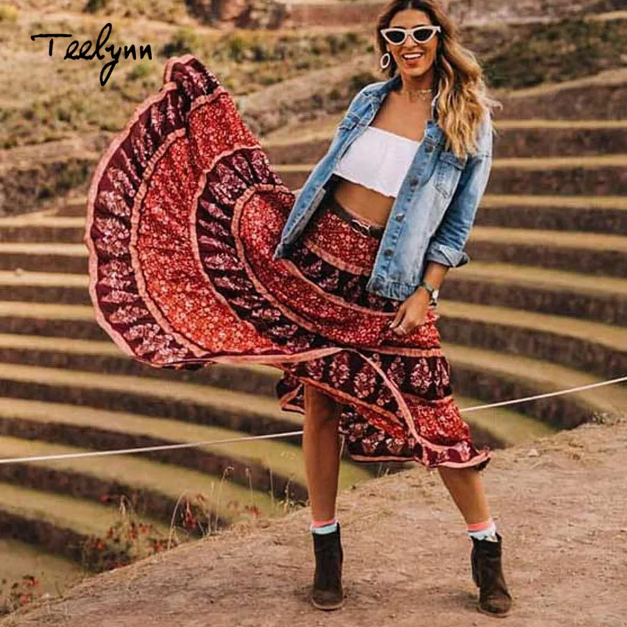 TEELYNN boho skirt 2018 autumn Rayon blue floral print large swing women beach wear Casual Hippie a-line long skirts falda | Женская