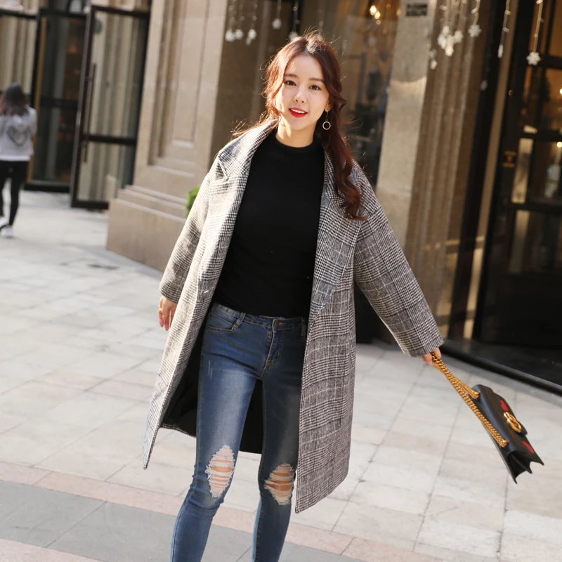 Новинка 2017 шерстяное пальто в клетку женское винтажное повседневное с лацканами