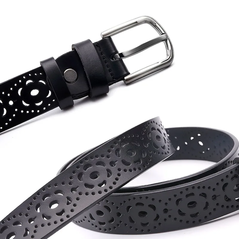 Ремень с ажурным цветком Женский модный пояс из натуральной кожи чёрный