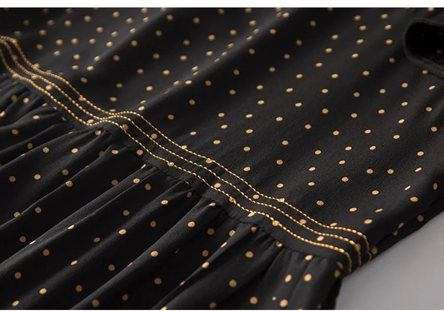 Women A-Line Dress 100%Real Silk Dots Printed O neck Long Dresses Calf Length Loose Dress New Summer Dress