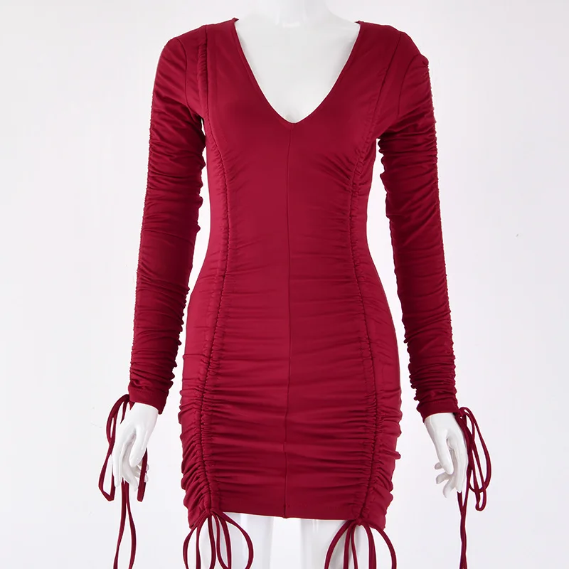 Бургундия Hugcitar long sleeve V-Neck sexy mini bodycon dress autumn winter women fashion party club streetwear clothes - Цвет: Бургундия