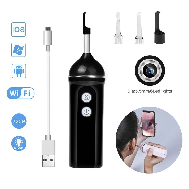 HD 720P Wifi Ушная ложка Otoscope интегрированный 5 мм беспроводные безопасные с
