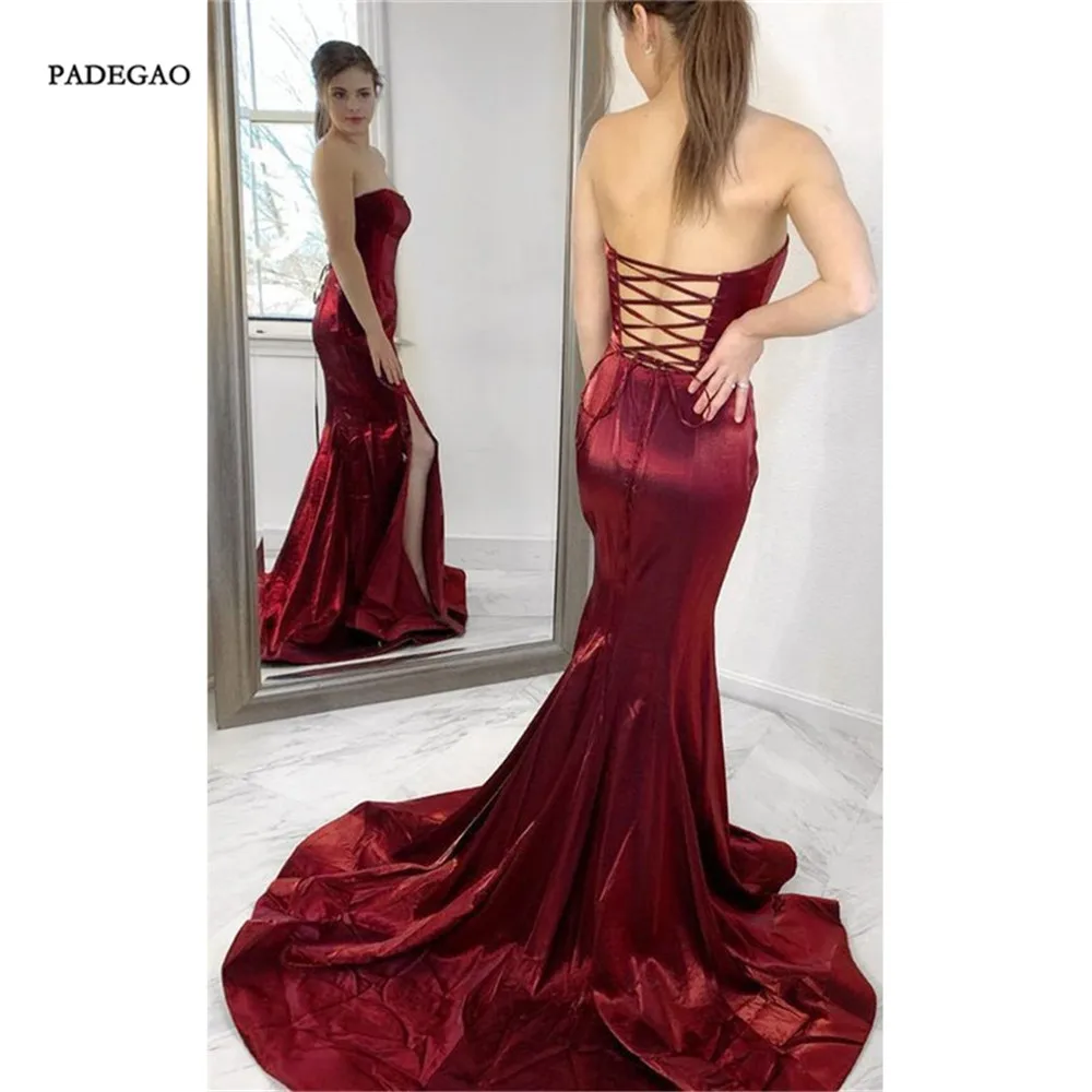 

Wine Red Evening Dresses Mermaid Strapless Long Party Dress Sexy Sweep Train Floor Length Lace Up Side Split Evening Gown
