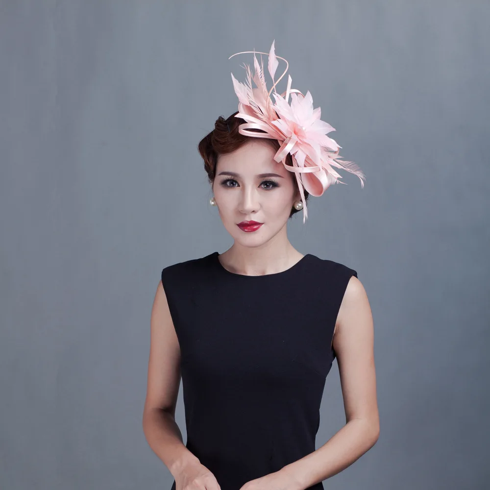 Light Pink Новые модные женские вуалетки атласная шапка с цветком заколка для волос женские аксессуары для волос Элегантные вуалетки для свадебной вечеринки - Цвет: Light Pink