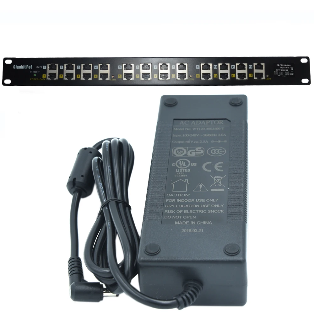12 портов 1000 м мощность по Ethernet PoE инжектор для 802.3af/пассивных 802.3at устройств 48v120w