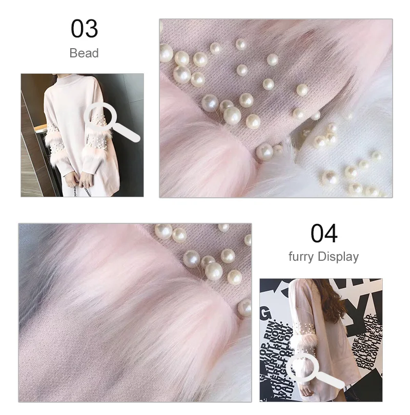 Women Winter Faux Fur Sweater Fashion Pearls Turtleneck Knitted Pullover Female Rabbit Fur Embellish Long Sweaters jumper