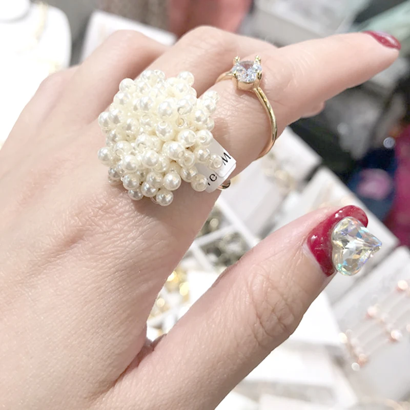 Новый Украшенные стразами имитация жемчуга двойной кольца золото Открытое